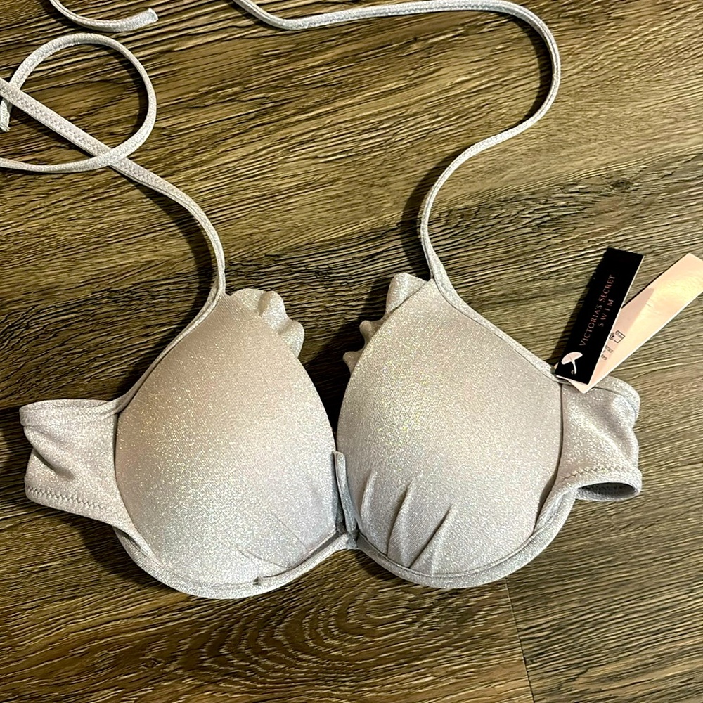 NWT VS Swim Push Up Glittery Silver Bikini Top